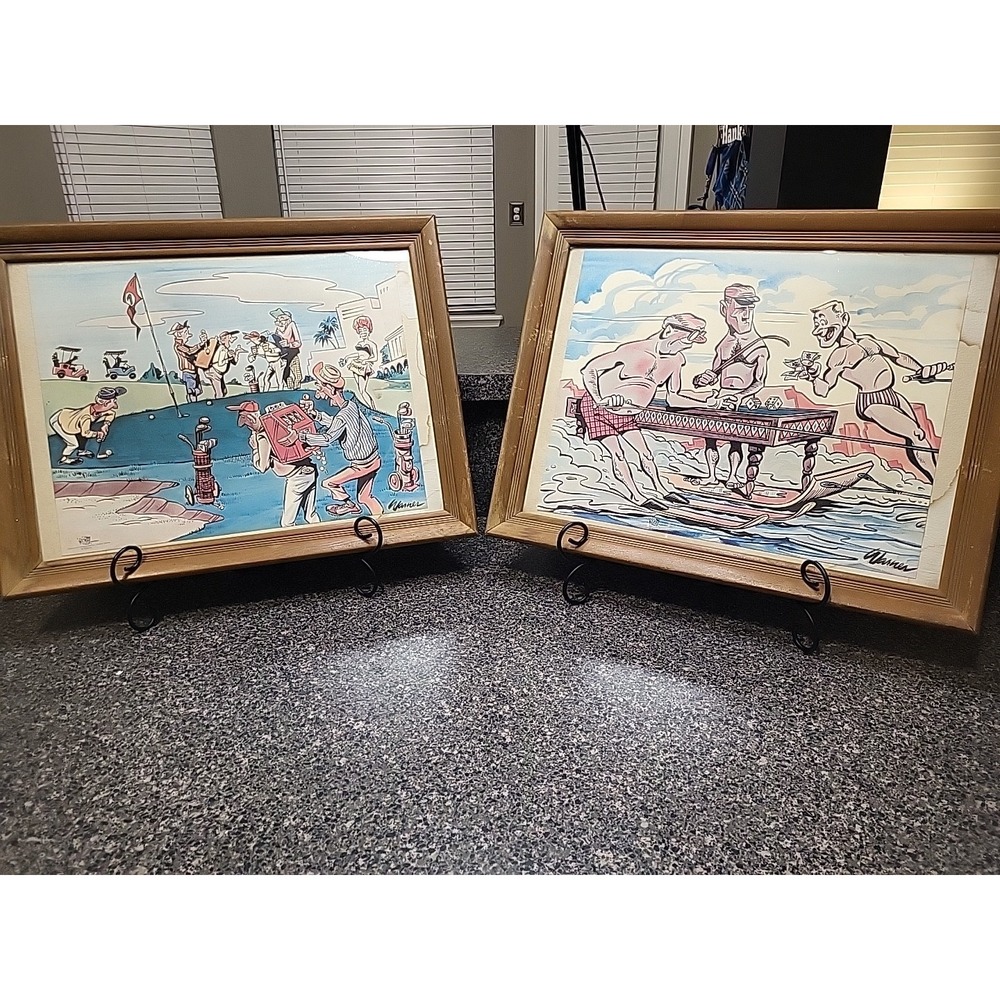VINTAGE 1962 Warner Comic Art Cartoon Drawing Lithos Golf Gambling Man Cave RARE